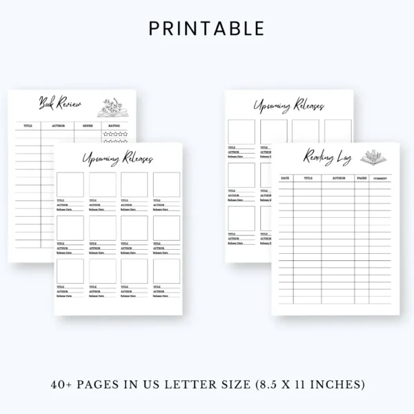 Product image of a reading and journaling planner with pages for book tracking, reflections, prompts, and personal insights.