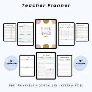 Product image of a teacher planner with pages for lesson planning, class schedules, grading logs, and academic calendars.