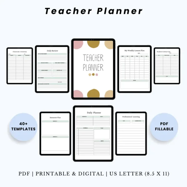 Product image of a teacher planner with pages for lesson planning, class schedules, grading logs, and academic calendars.