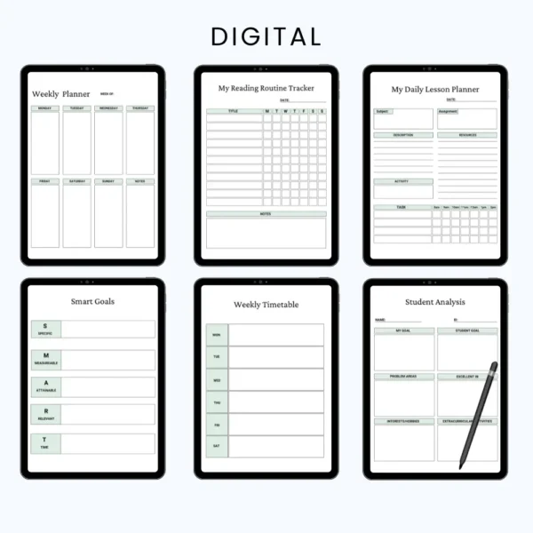 Product image of a teacher planner with pages for lesson planning, class schedules, grading logs, and academic calendars.