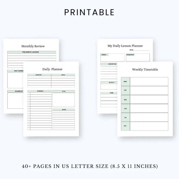 Product image of a teacher planner with pages for lesson planning, class schedules, grading logs, and academic calendars.