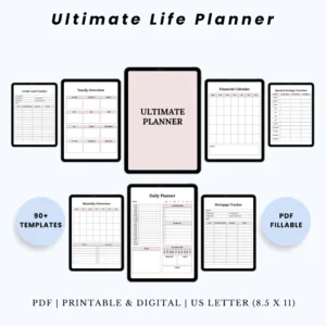 Product image of a life planner template with pages for goals, routines, habits, finances, and overall organization.