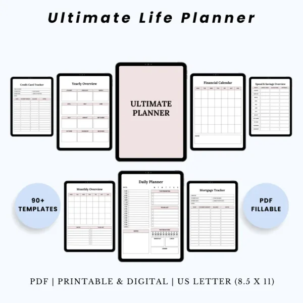 Product image of a life planner template with pages for goals, routines, habits, finances, and overall organization.