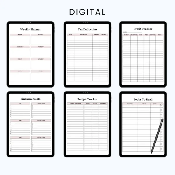 Product image of a life planner template with pages for goals, routines, habits, finances, and overall organization.