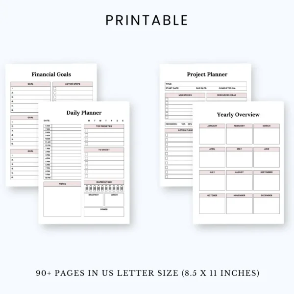 Product image of a life planner template with pages for goals, routines, habits, finances, and overall organization.
