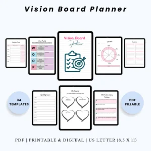 Product image of a vision board planner with pages for goal visualization, inspiration collages, and intention setting.