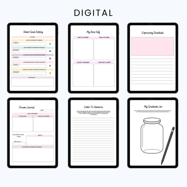 Product image of a vision board planner with pages for goal visualization, inspiration collages, and intention setting.