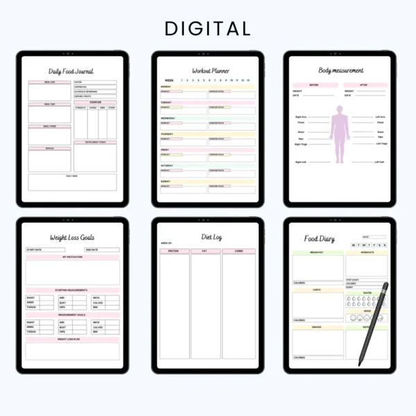 Product image of a weight loss planner with pages for meal tracking, fitness goals, progress charts, and daily habits.