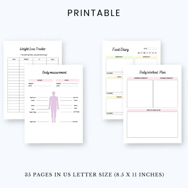 Product image of a weight loss planner with pages for meal tracking, fitness goals, progress charts, and daily habits.